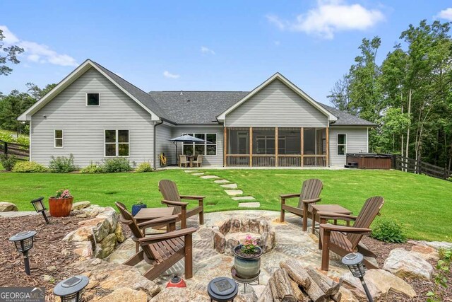 287 Flower Farm Dr, Acworth, GA 30101 - back of house with a hot tub, a fire pit, a patio, and roof with shingles