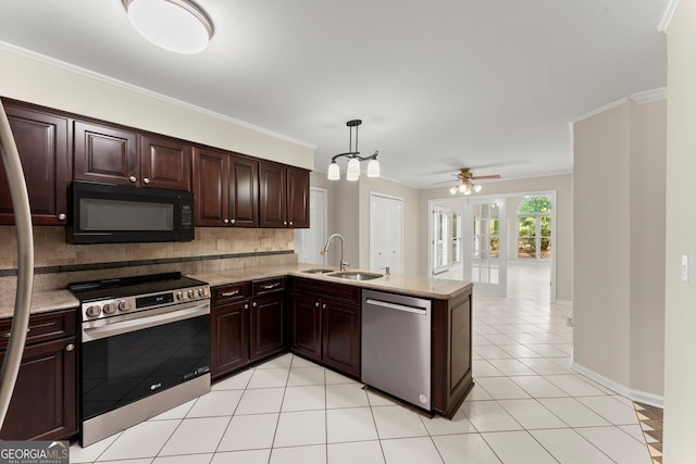 1655 Oak Crest Ct, Marietta, GA 30066 - kitchen with stainless steel appliances, backsplash, dark brown cabinets, and ornamental molding