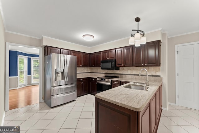1655 Oak Crest Ct, Marietta, GA 30066 - kitchen featuring stainless steel appliances, a peninsula, backsplash, dark brown cabinets, and hanging light fixtures