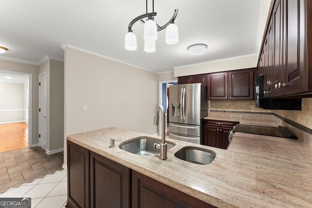 1655 Oak Crest Ct, Marietta, GA 30066 - kitchen with stainless steel fridge with ice dispenser, dark brown cabinets, tasteful backsplash, hanging light fixtures, and crown molding