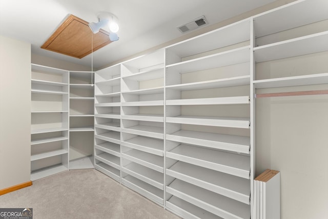 1655 Oak Crest Ct, Marietta, GA 30066 - walk in closet featuring carpet floors and attic access