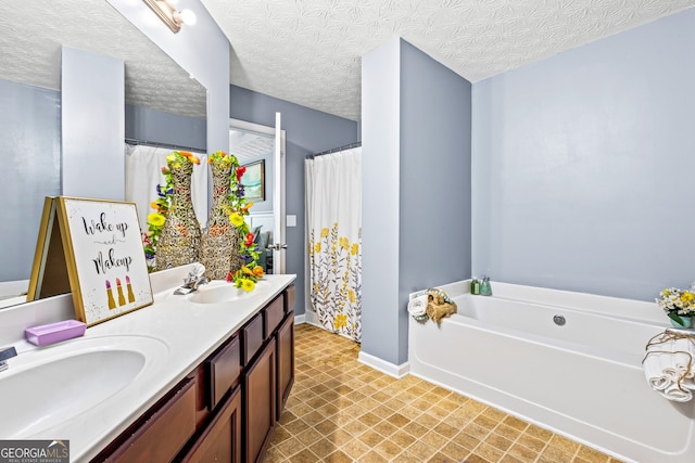3832 Augustine Pl, Rex, GA 30273 - full bathroom featuring double vanity, a garden tub, tile patterned floors, and curtained shower