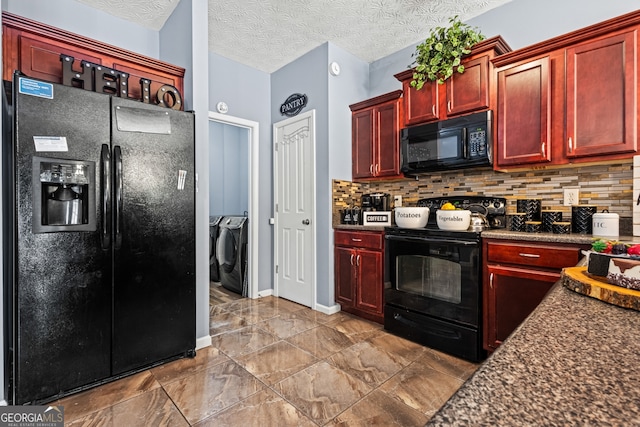 3832 Augustine Pl, Rex, GA 30273 - kitchen featuring black appliances, dark brown cabinets, independent washer and dryer, and tasteful backsplash