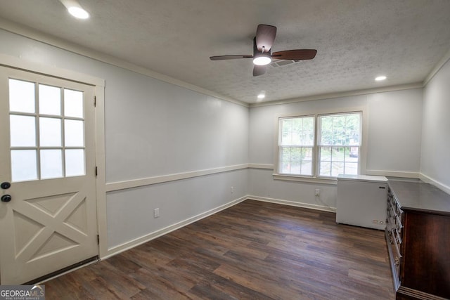 7144 Carolyn Cir, Lithia Springs, GA 30122 - unfurnished office with a textured ceiling, dark wood-type flooring, ceiling fan, recessed lighting, and crown molding