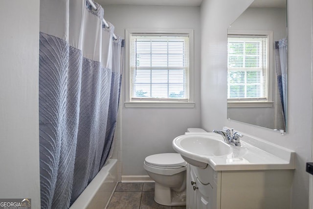 7144 Carolyn Cir, Lithia Springs, GA 30122 - full bathroom featuring vanity, tile patterned floors, and shower / tub combo with curtain