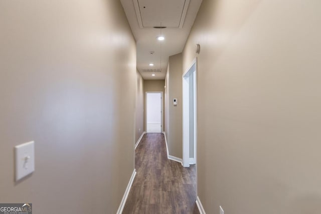 132 Hidden Creek Cir, Lizella, GA 31052 - corridor with attic access and dark wood-style floors