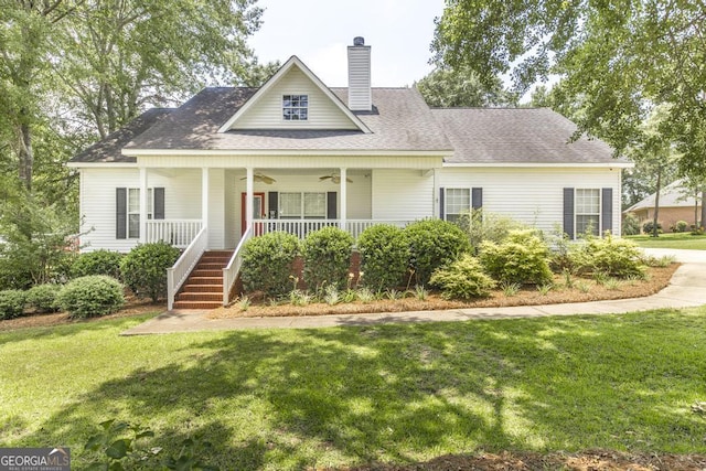 132 Hidden Creek Cir, Lizella, GA 31052 - view of front of property featuring ceiling fan, a porch, a front yard, a chimney, and stairway