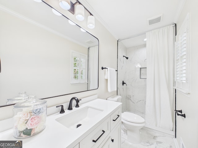 4630 Glenwood Dr, Macon, GA 31210 - full bath featuring marble finish flooring, vanity, a marble finish shower, and ornamental molding