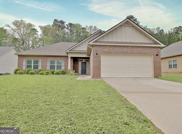 862 Crescent Ln, Griffin, GA 30224 - view of front facade with brick siding, board and batten siding, an attached garage, driveway, and a front lawn