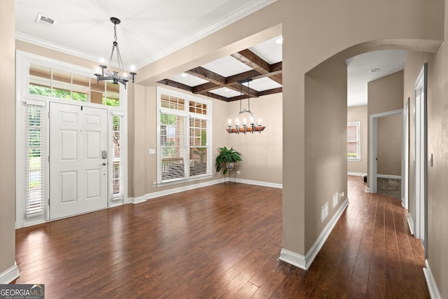 1065 Beacon Hill Xing, Alpharetta, GA 30005 - entryway featuring a chandelier, dark wood-style flooring, plenty of natural light, beamed ceiling, and coffered ceiling