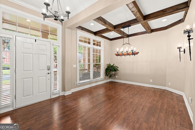 1065 Beacon Hill Xing, Alpharetta, GA 30005 - foyer with a chandelier, coffered ceiling, dark wood-style flooring, and beamed ceiling