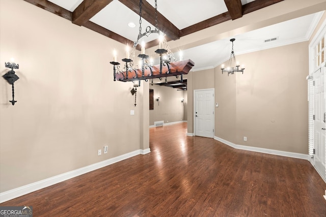 1065 Beacon Hill Xing, Alpharetta, GA 30005 - unfurnished dining area with a chandelier, wood finished floors, beam ceiling, and coffered ceiling