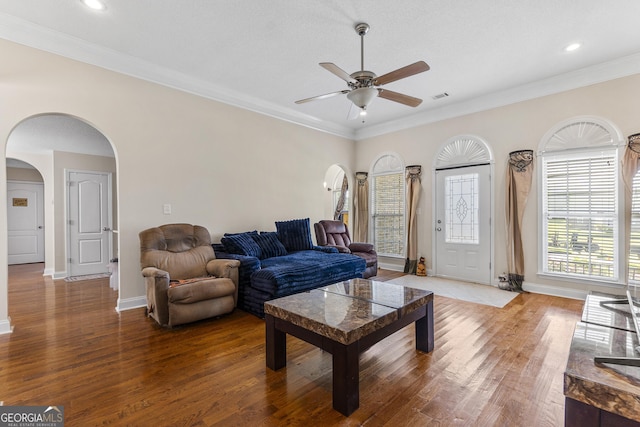 408 Dixieland Dr, Byron, GA 31008 - living area with a ceiling fan, arched walkways, wood finished floors, crown molding, and recessed lighting