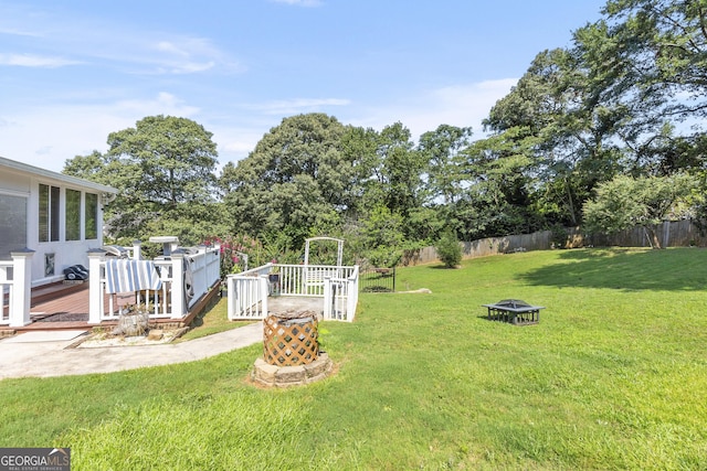 408 Dixieland Dr, Byron, GA 31008 - fenced yard featuring an outdoor fire pit and a wooden deck