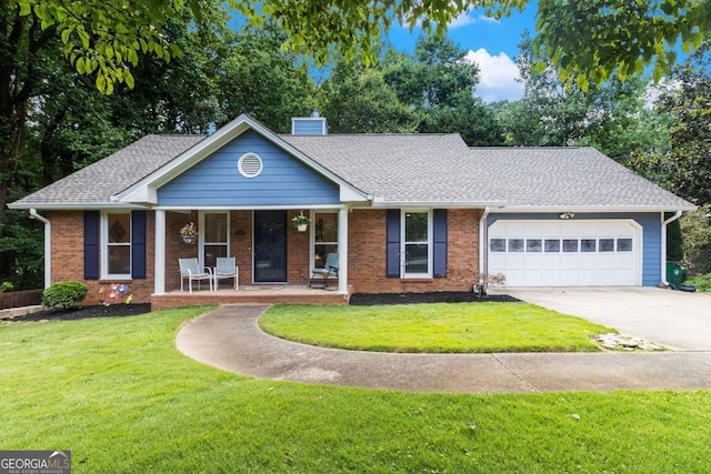 1402 Mclendon Dr, Decatur, GA 30033 - ranch-style home featuring a garage, a porch, concrete driveway, a front yard, and brick siding