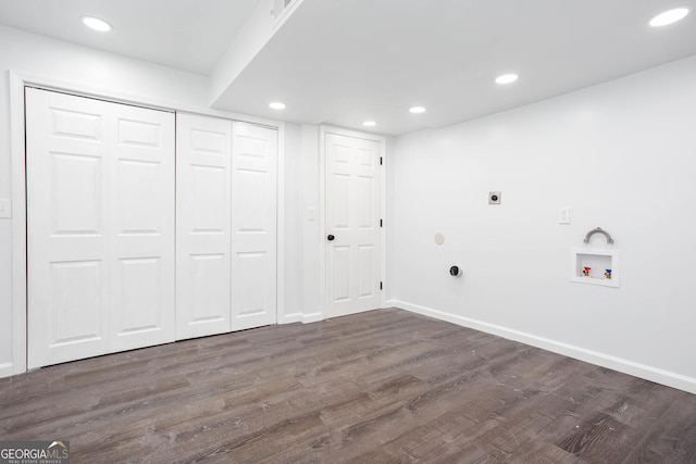 5491 Hiram Rd, Powder Springs, GA 30127 - washroom featuring hookup for an electric dryer, washer hookup, dark wood-style flooring, and recessed lighting