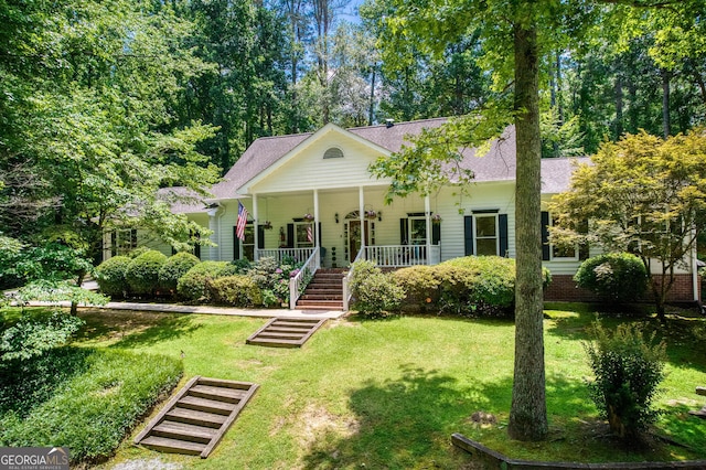 5491 Hiram Rd, Powder Springs, GA 30127 - view of front facade featuring stairway, covered porch, a front lawn, and roof with shingles