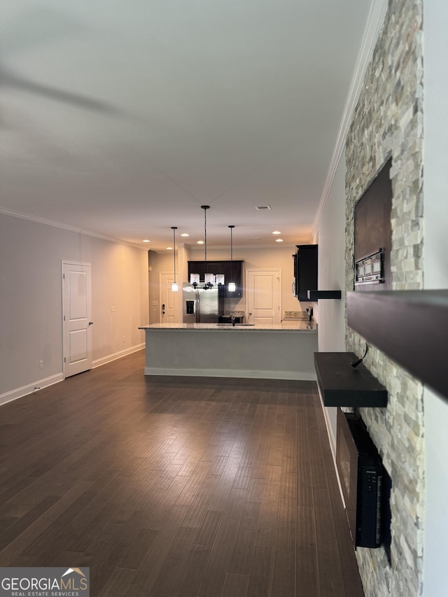3891 Valley View Ct, Gainesville, GA 30501 - living room with crown molding, dark wood-style floors, and recessed lighting
