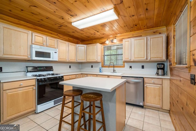 71 Cohutta Forest Rd Unit 9, Chatsworth, GA 30705 - kitchen featuring white microwave, dishwasher, gas range, light brown cabinets, and wood ceiling
