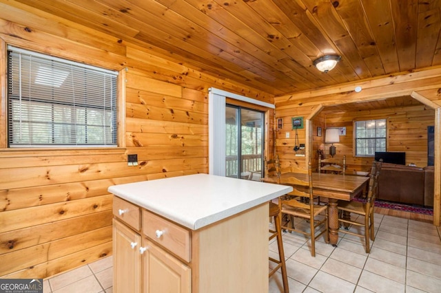 71 Cohutta Forest Rd Unit 9, Chatsworth, GA 30705 - kitchen featuring light tile patterned floors, wood walls, plenty of natural light, wood ceiling, and light countertops