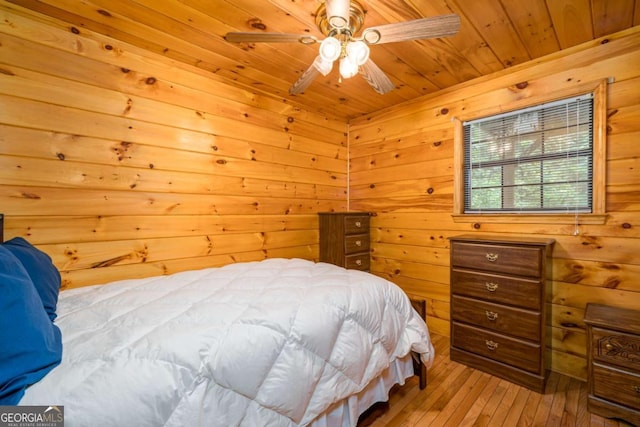 71 Cohutta Forest Rd Unit 9, Chatsworth, GA 30705 - bedroom featuring wood ceiling, light wood finished floors, a ceiling fan, and wooden walls