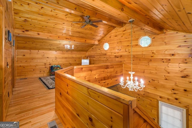71 Cohutta Forest Rd Unit 9, Chatsworth, GA 30705 - hall with wood walls, light wood-style flooring, a relaxing sauna, wooden ceiling, and a chandelier