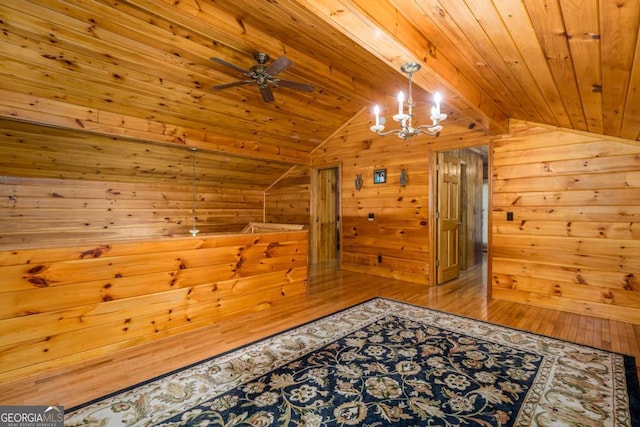 71 Cohutta Forest Rd Unit 9, Chatsworth, GA 30705 - additional living space featuring vaulted ceiling, wooden ceiling, wooden walls, ceiling fan, and hardwood / wood-style flooring