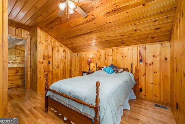 71 Cohutta Forest Rd Unit 9, Chatsworth, GA 30705 - bedroom with lofted ceiling, wooden walls, wooden ceiling, and light wood-style flooring