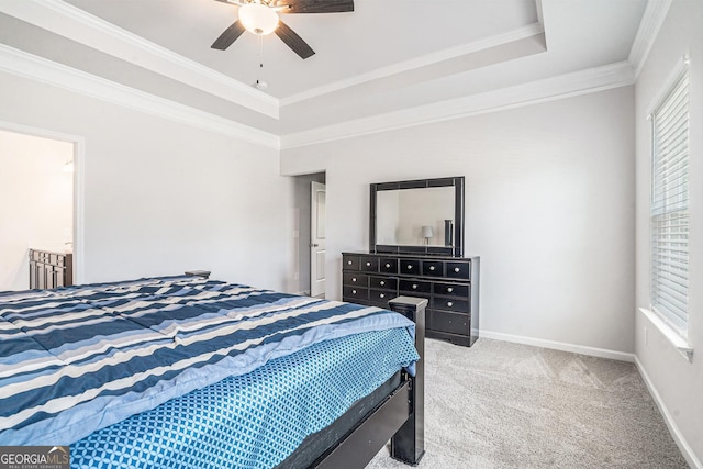154 Laurel Cove Dr, Hoschton, GA 30548 - carpeted bedroom with a raised ceiling, multiple windows, crown molding, and ceiling fan
