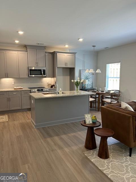 322 Heron St, Ball Ground, GA 30107 - kitchen featuring stainless steel appliances, gray cabinetry, wood finished floors, backsplash, and an island with sink