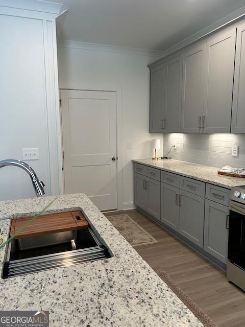 322 Heron St, Ball Ground, GA 30107 - kitchen with gray cabinets, light wood finished floors, electric stove, ornamental molding, and decorative backsplash