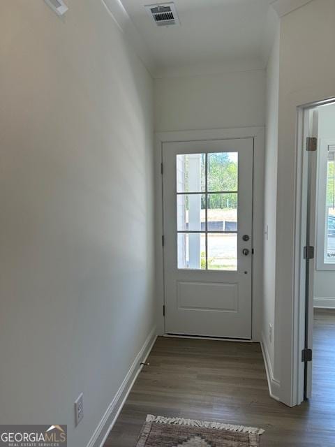 322 Heron St, Ball Ground, GA 30107 - doorway featuring healthy amount of natural light, wood finished floors, and crown molding