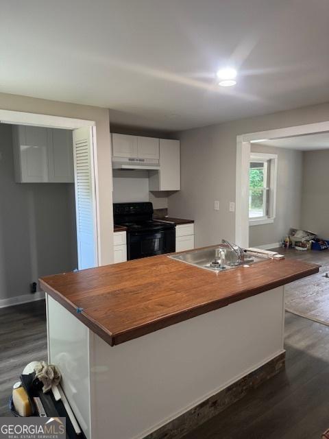 210 Bishop St, Marshallville, GA 31057 - kitchen featuring black electric range, wooden counters, under cabinet range hood, dark wood-type flooring, and white cabinets