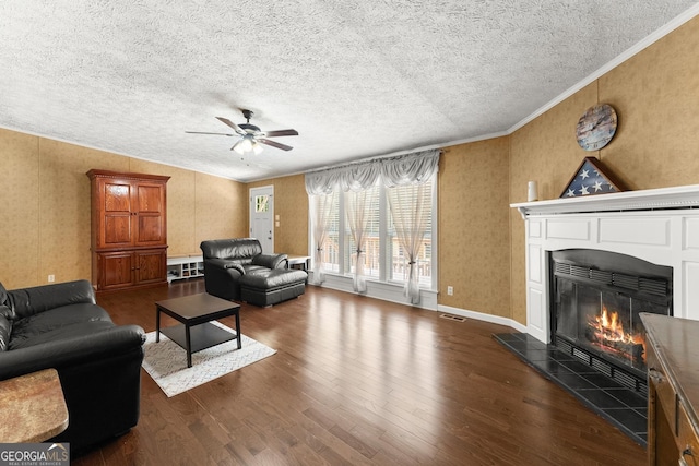 329 Summer Glen Rd, Dahlonega, GA 30533 - living room with a textured ceiling, ceiling fan, wood finished floors, a glass covered fireplace, and ornamental molding