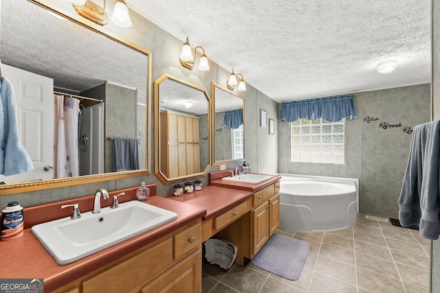 329 Summer Glen Rd, Dahlonega, GA 30533 - full bath with a textured ceiling, a garden tub, double vanity, tile patterned flooring, and curtained shower