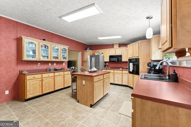 329 Summer Glen Rd, Dahlonega, GA 30533 - kitchen with black appliances, a breakfast bar, a center island, light brown cabinets, and glass insert cabinets