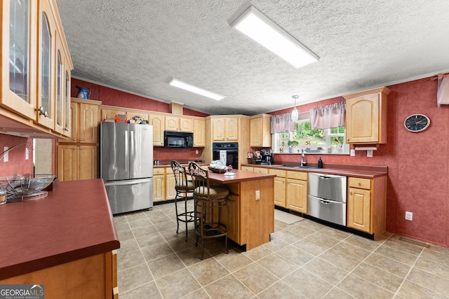 329 Summer Glen Rd, Dahlonega, GA 30533 - kitchen with black appliances, a breakfast bar, a center island, glass insert cabinets, and light tile patterned flooring