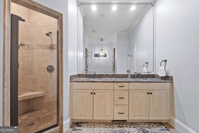 2118 Chatham, Dalton, GA 30720 - bathroom featuring a shower stall, double vanity, and ornamental molding