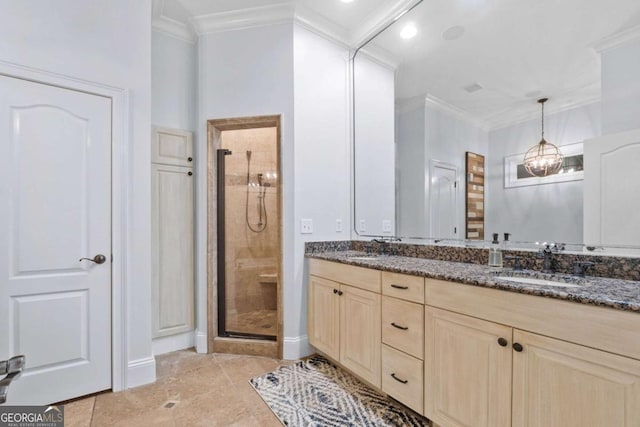 2118 Chatham, Dalton, GA 30720 - bathroom with crown molding, double vanity, a shower stall, and tile patterned floors