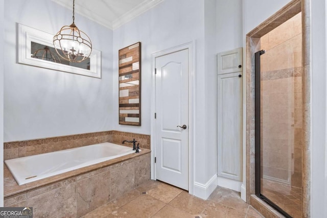 2118 Chatham, Dalton, GA 30720 - full bathroom with crown molding, a bath, a stall shower, a chandelier, and tile patterned floors