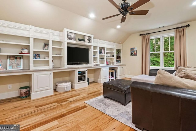 2118 Chatham, Dalton, GA 30720 - living area with built in desk, light wood-style flooring, ceiling fan, lofted ceiling, and recessed lighting