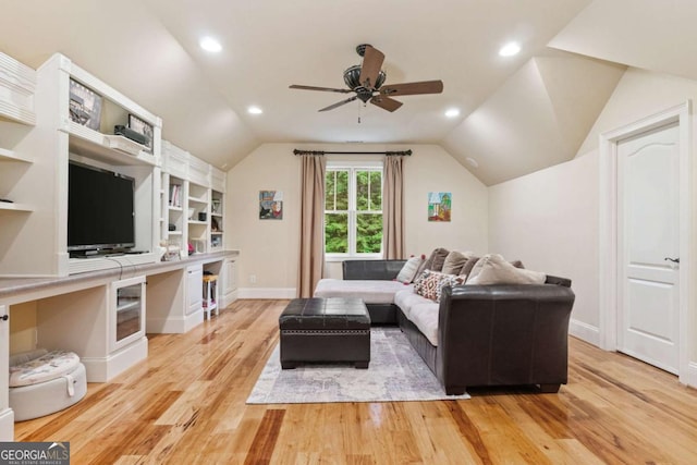 2118 Chatham, Dalton, GA 30720 - living room featuring light wood-type flooring, ceiling fan, vaulted ceiling, and recessed lighting
