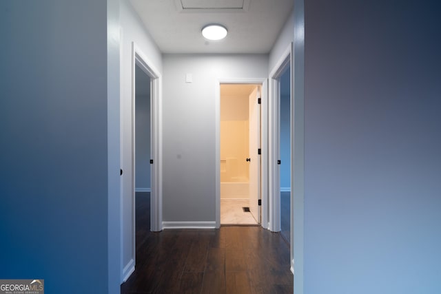 2333 Wilkins Cv, Decatur, GA 30035 - corridor featuring dark wood-style floors and attic access