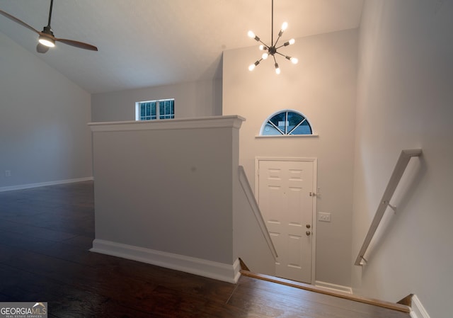 2333 Wilkins Cv, Decatur, GA 30035 - foyer entrance with a chandelier, dark wood-type flooring, vaulted ceiling, and a ceiling fan