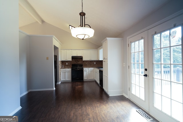 2333 Wilkins Cv, Decatur, GA 30035 - kitchen with black appliances, dark wood-type flooring, white cabinets, decorative backsplash, and french doors