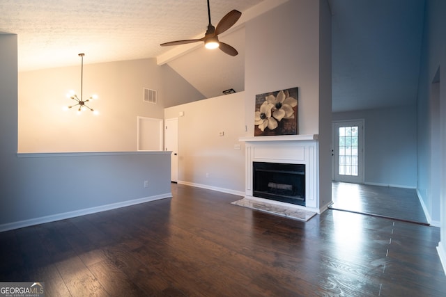 2333 Wilkins Cv, Decatur, GA 30035 - unfurnished living room featuring high vaulted ceiling, a fireplace, beamed ceiling, a chandelier, and a ceiling fan