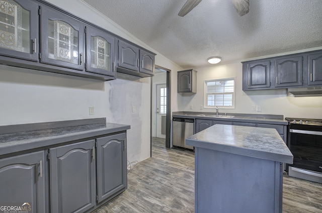 1525 Bailey Rd, Aragon, GA 30104 - kitchen featuring stainless steel appliances, under cabinet range hood, glass insert cabinets, wood finished floors, and a textured ceiling