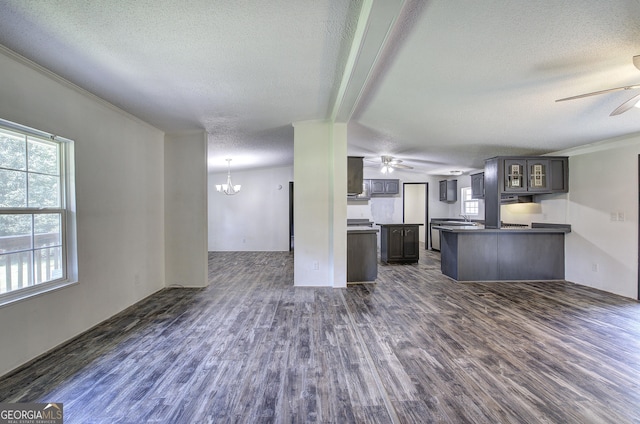 1525 Bailey Rd, Aragon, GA 30104 - kitchen featuring a ceiling fan, a textured ceiling, dark wood-style floors, a chandelier, and open floor plan