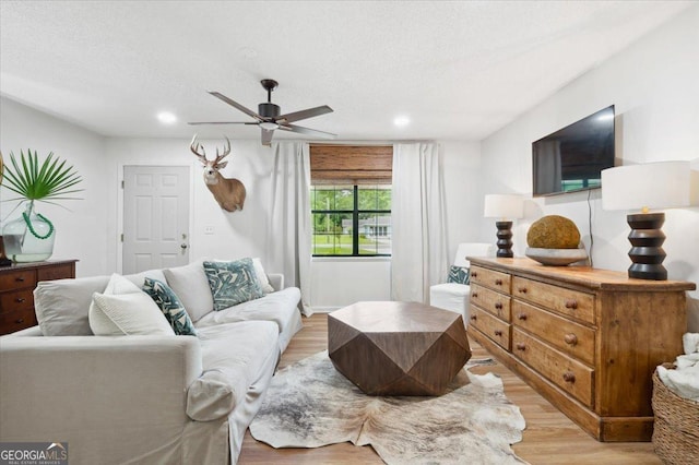 711 Chapman St, Blackshear, GA 31516 - living area featuring light wood-type flooring, a ceiling fan, recessed lighting, and a textured ceiling