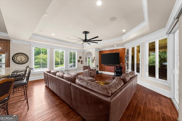 932 Shadowford Fls, Lithonia, GA 30058 - living room with a tray ceiling, ornamental molding, ceiling fan, and dark wood finished floors